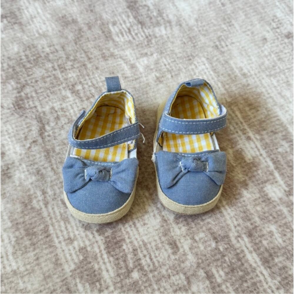 NWOT Hudson Baby Blue Denim Bow Shoes HB 0-6 Months Yellow Gingham Sandals